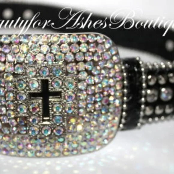 Western Black Bling Cross Belt & Buckle Aurora Borealis AB  display picture 2